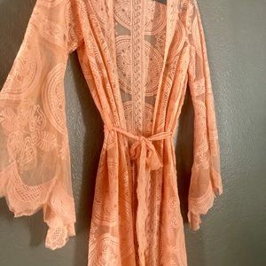 Boho style swim cover-up lace kimono peach